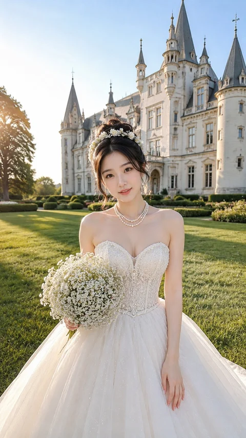 A woman in a pale bridal gown holds a round bouquet on a lawn in front of a stone castle.
