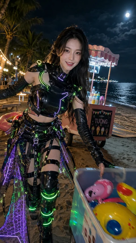 Green and purple lines of light trace a woman’s dark futuristic outfit as she stands beside colorful toys at a beach stall at night.