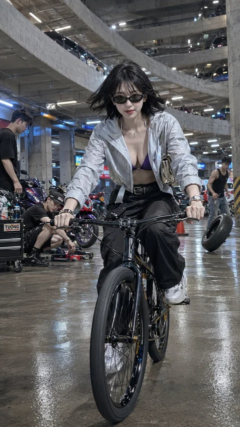 A woman in sunglasses, a silver jacket and dark trousers rides a bicycle through a large indoor parking garage.