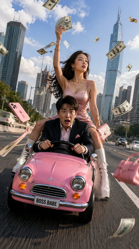 A city skyline backs a scene of floating banknotes, a man driving a small pink car and a woman seated above him.