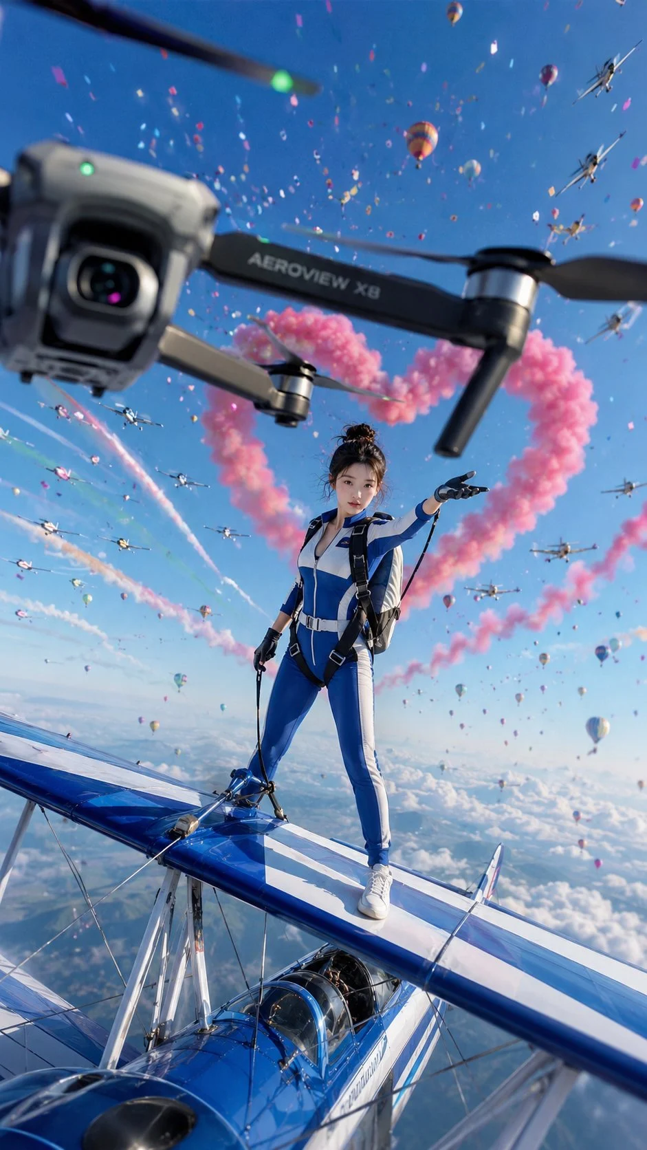 A blue-clad figure stands atop an aircraft beneath a large drone and a heart-shaped burst of pink smoke.