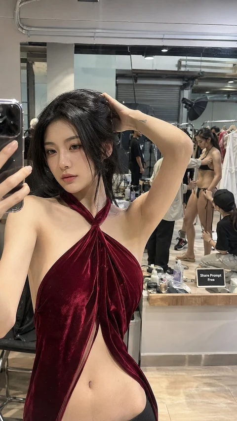 A person in a burgundy halter dress takes a mirror portrait with one hand lifted to their hair.
