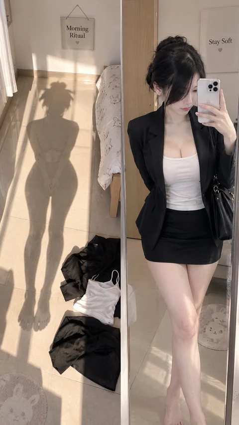 A woman in a black blazer, white top and dark skirt takes a mirror photo beside a long sunlit shadow.