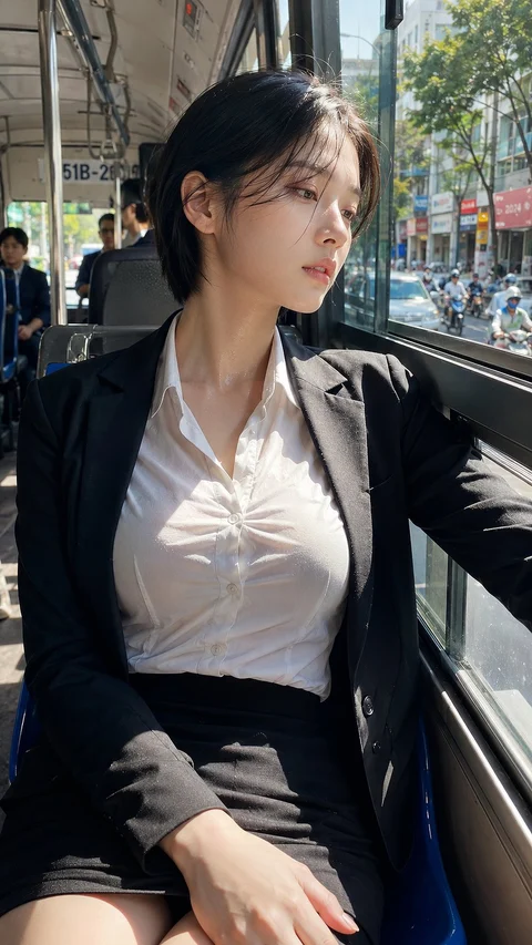 A woman in a black blazer and white blouse sits beside a bus window overlooking a busy street.