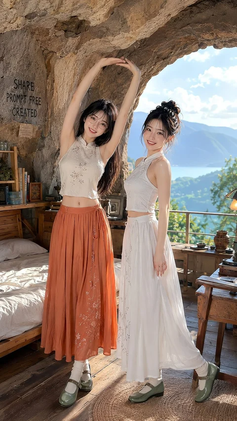 Two women in long skirts pose beneath a rustic stone arch overlooking a green landscape.