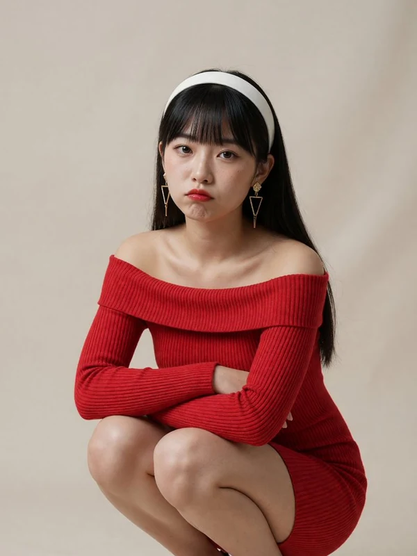 Red dress portrait against a neutral backdrop